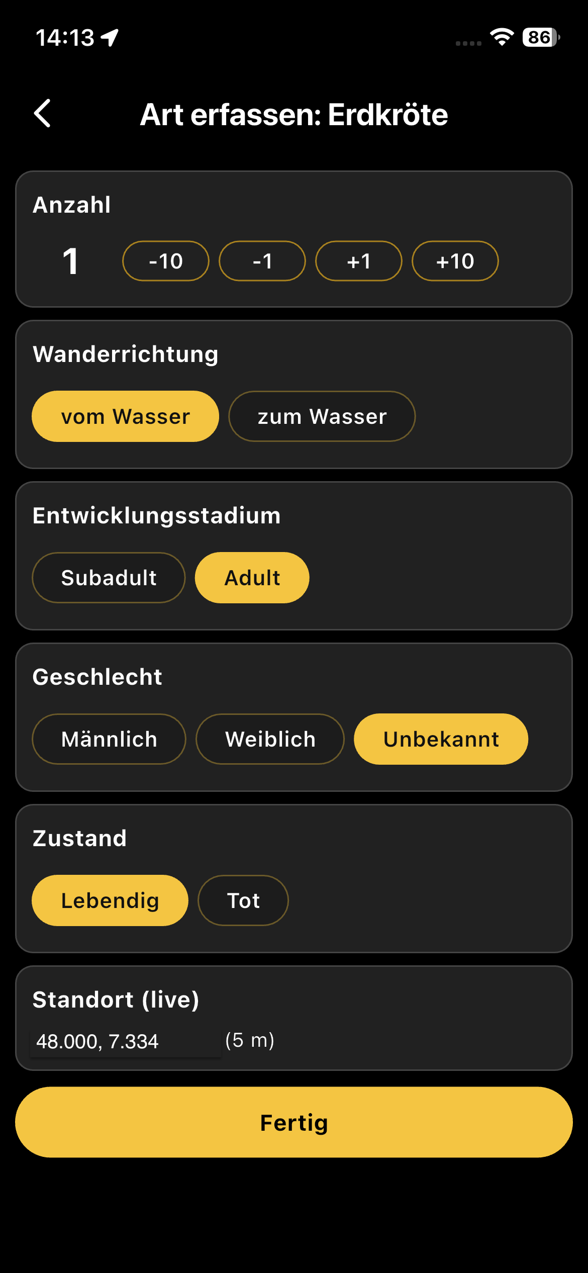 Tier aufnehmen Detailansicht